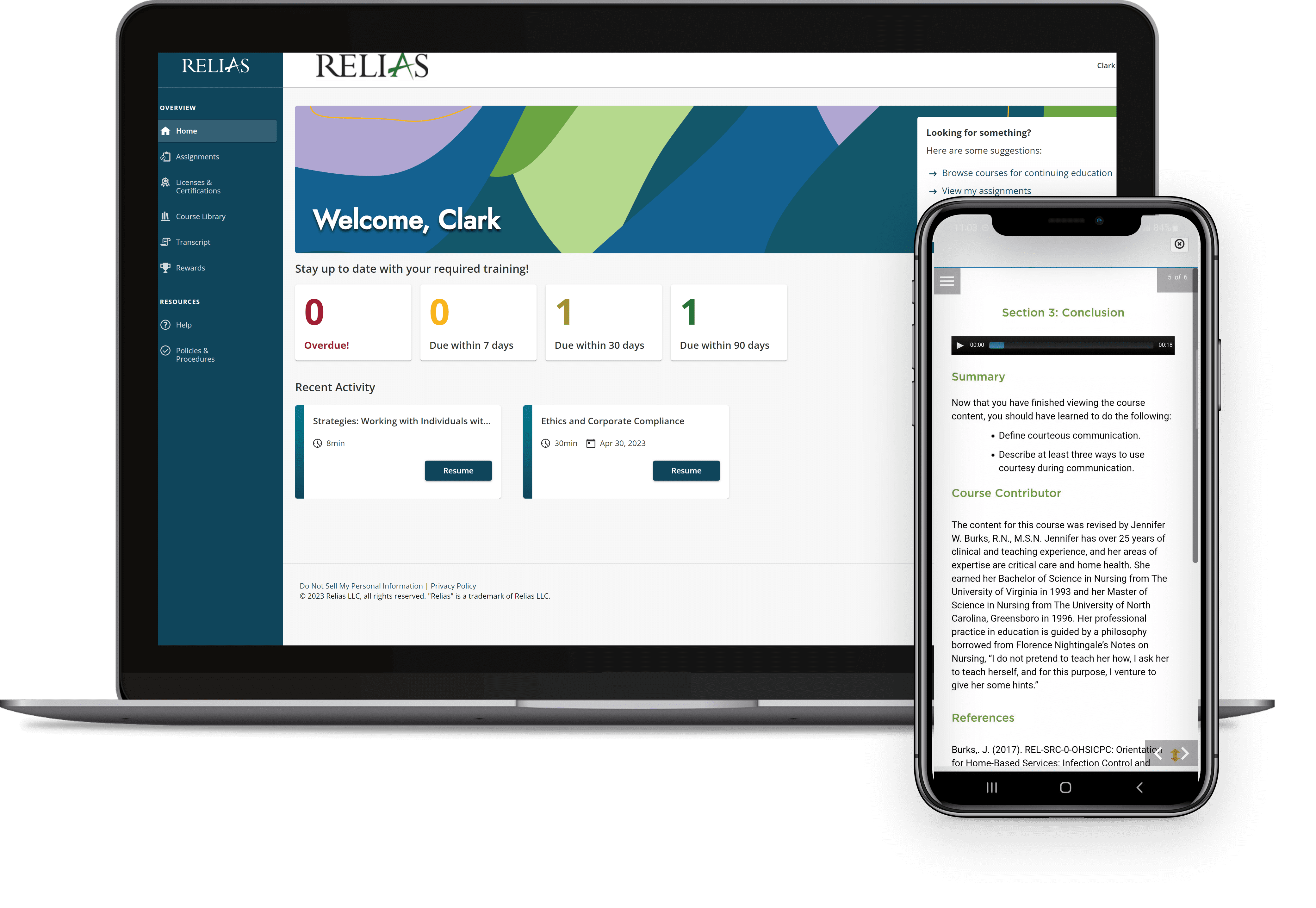 The Relias technology Platform shown on laptop and mobile devices
