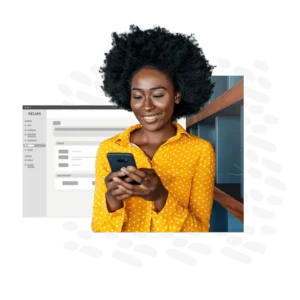 smiling woman looks at phone with Relias LMS screenshot and texture in the background