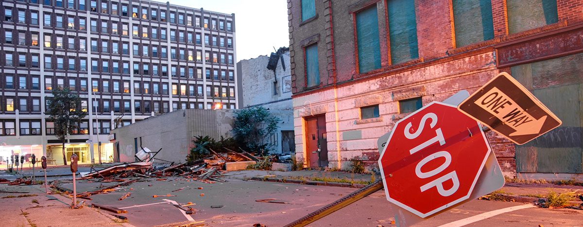 Tornadoes that strike urban tornadoes can damage city streets and buildings.
